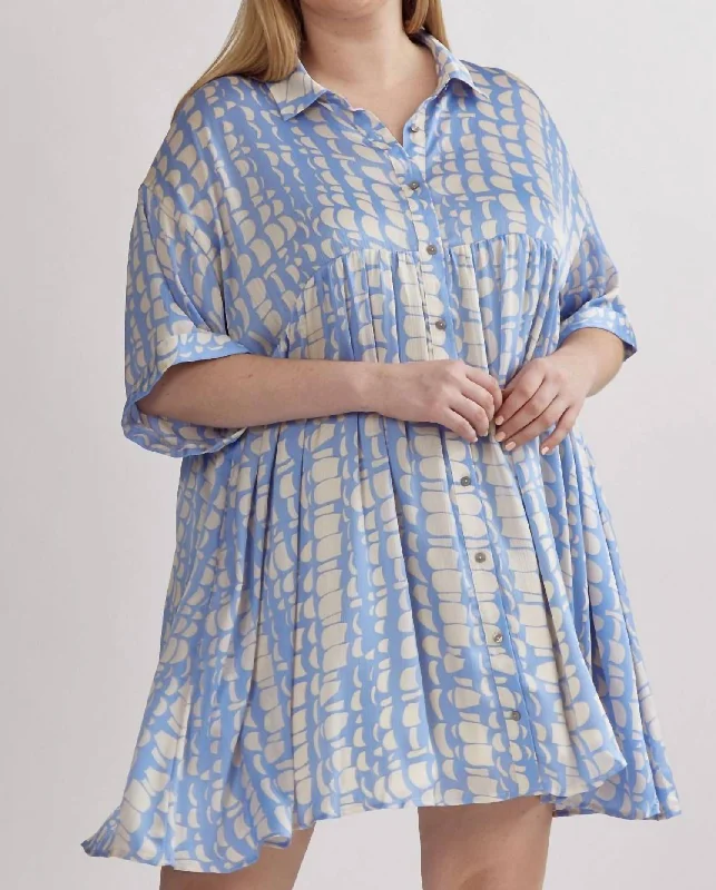 Satin Printed Shirt Dress In Light Blue