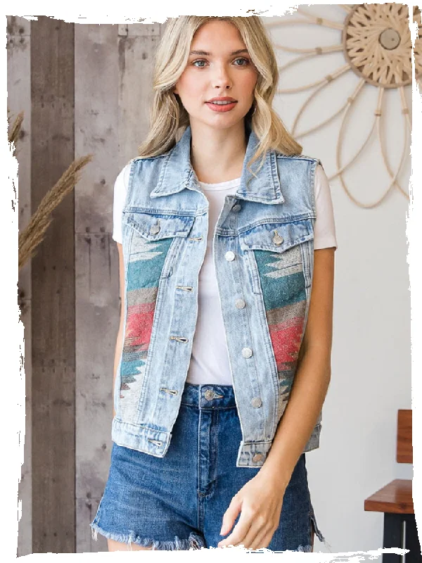 Women Denim Vest Jacket Western Ethnic Aztec Style Vintage Stitching Denim Vest