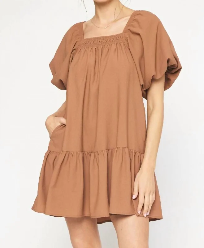 Bubble Sleeve Mini Dress In Camel