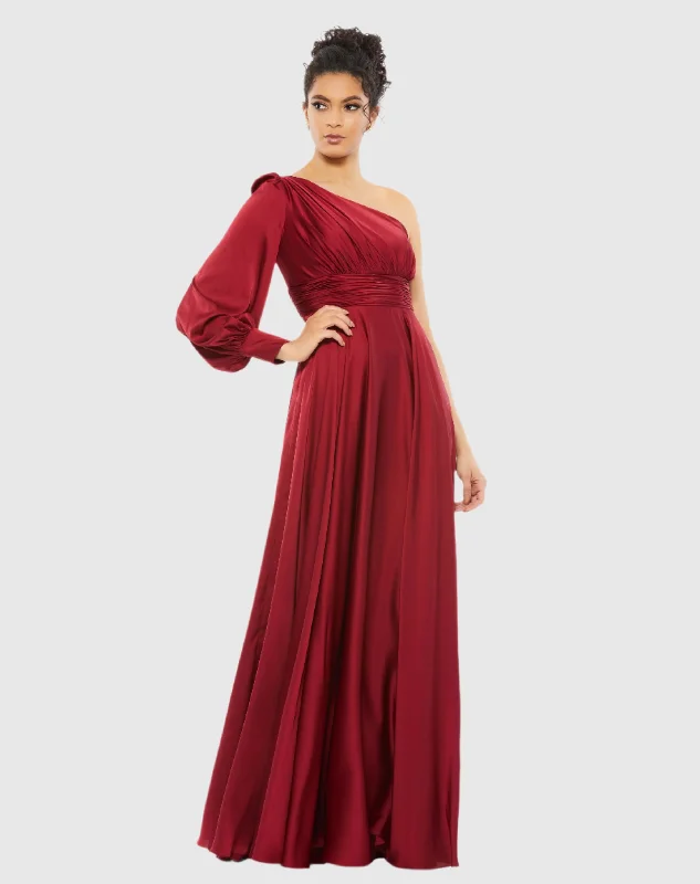 Red One Shoulder Bishop Sleeve Flowy Gown