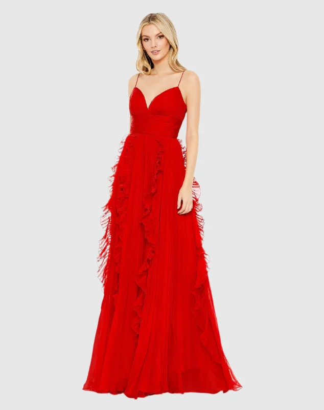 Red Pleated Sleeveless Flowy Gown