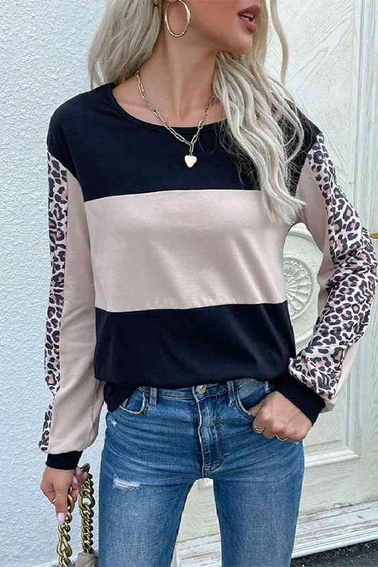 Leopard Color Block Long Sleeve Ladies Sweatshirt