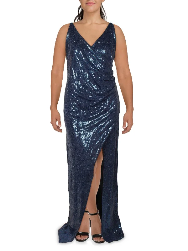 Plus Womens Embellished Drape Neck Evening Dress