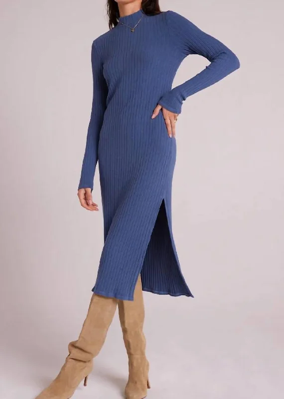 Mock Neck Midi Knit Dress In Blue Steel