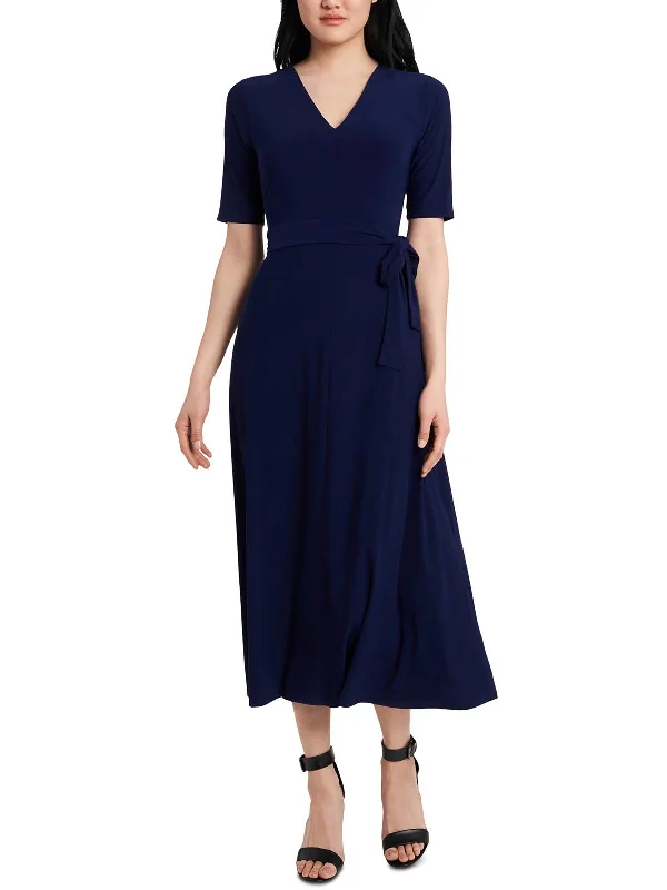 Womens V-Neck Elbow Sleeve Midi Dress