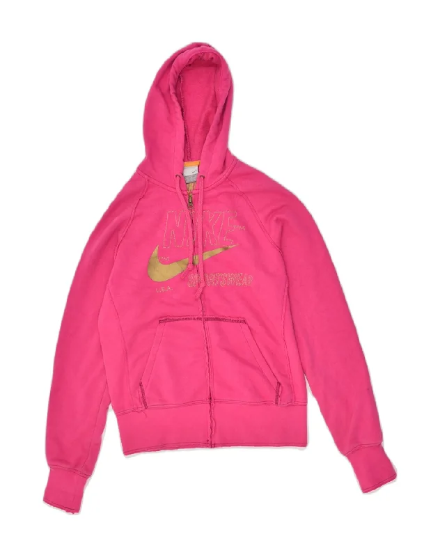 NIKE Womens Graphic Zip Hoodie Sweater UK 12 Medium Pink Cotton