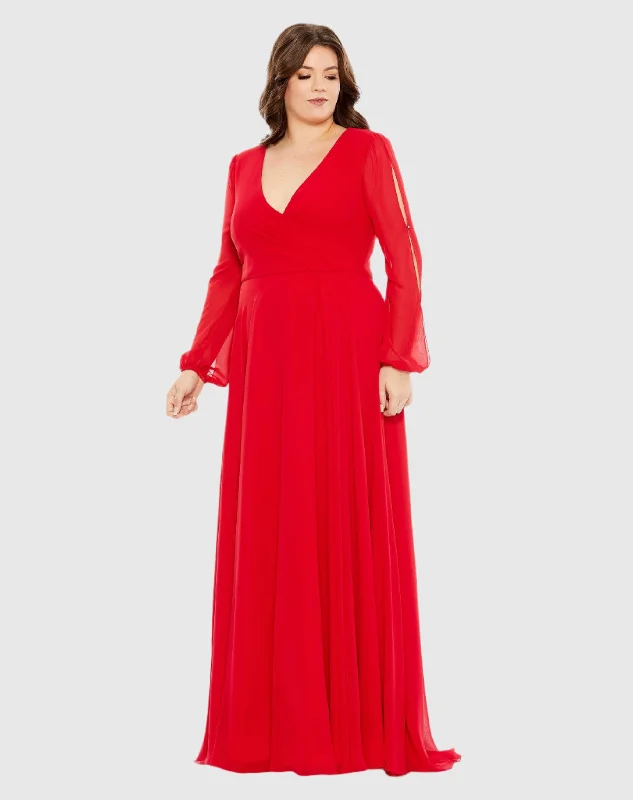 Split Puff Sleeve Faux Wrap A Line Gown