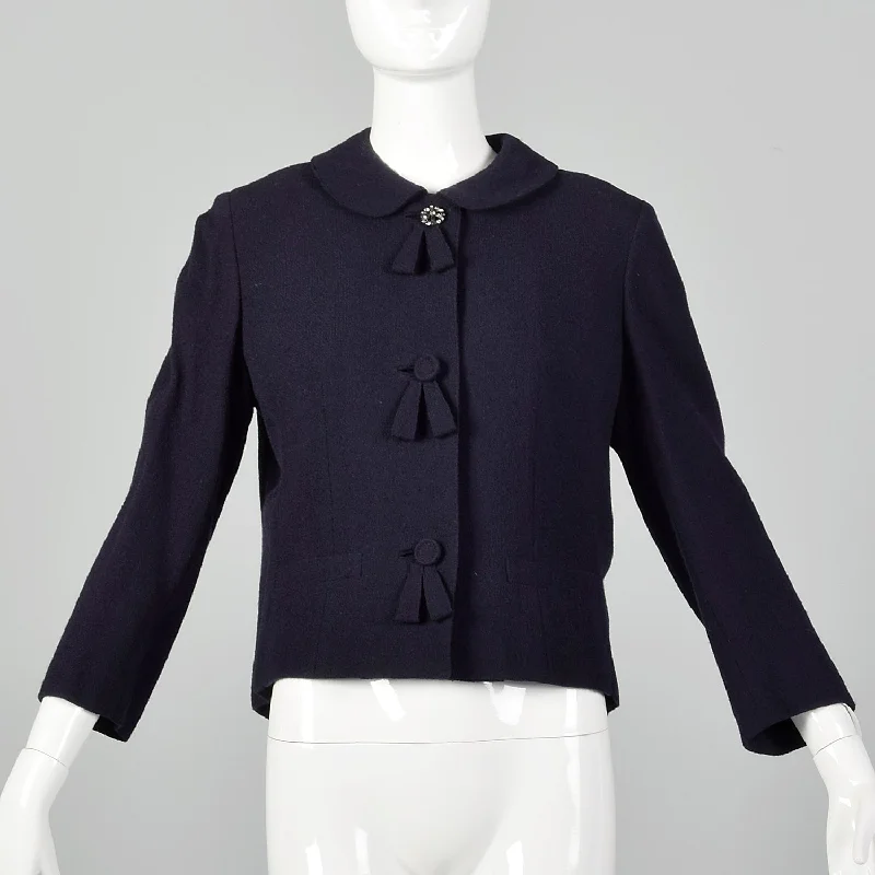 Medium 1960s Navy Blue Peter Pan Collar Wool Jacket