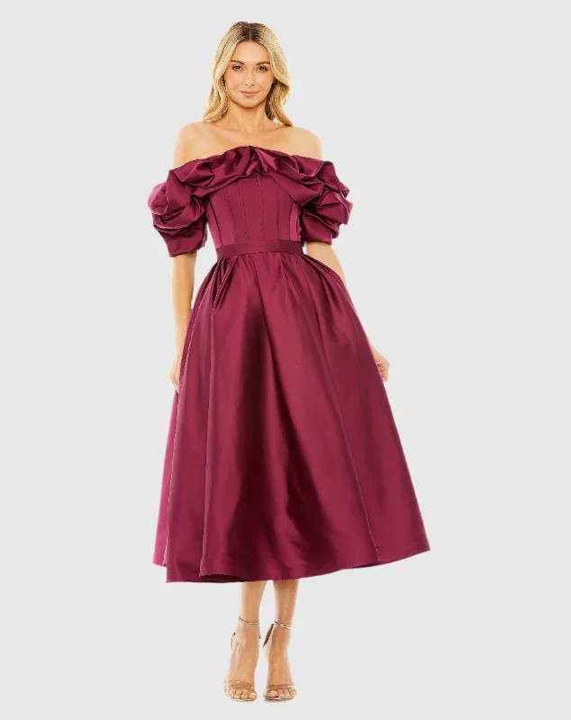 Plum Off The Shoulder Tea Length Dress