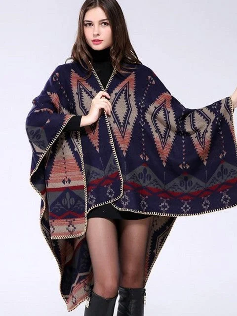 Ashoreshop Western Poncho 2022 Vintage Ethnic Argyle Pattern Knit Warm Shawl