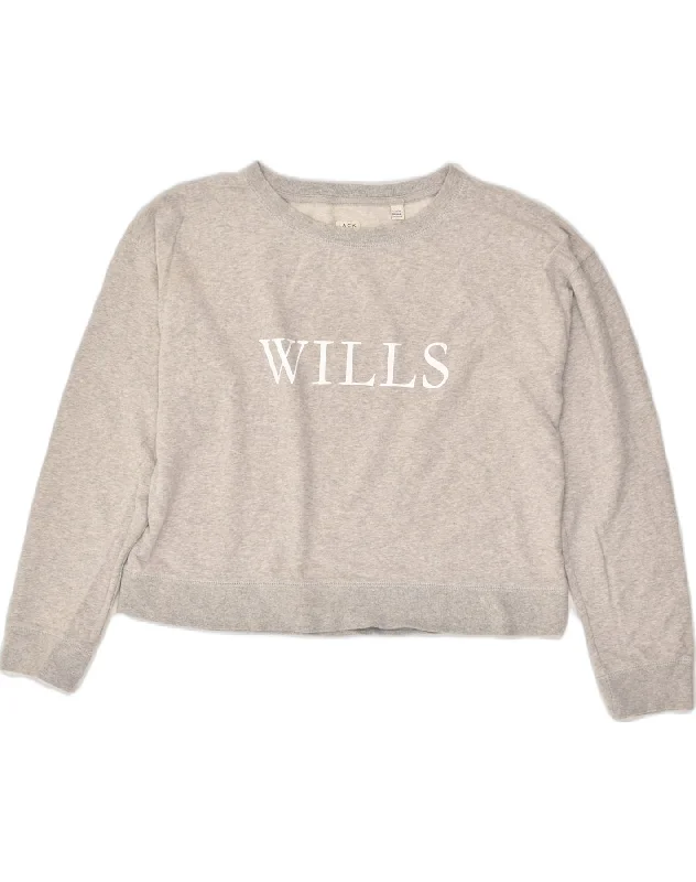 JACK WILLS Womens Crop Graphic Sweatshirt Jumper UK 12 Medium  Grey Cotton