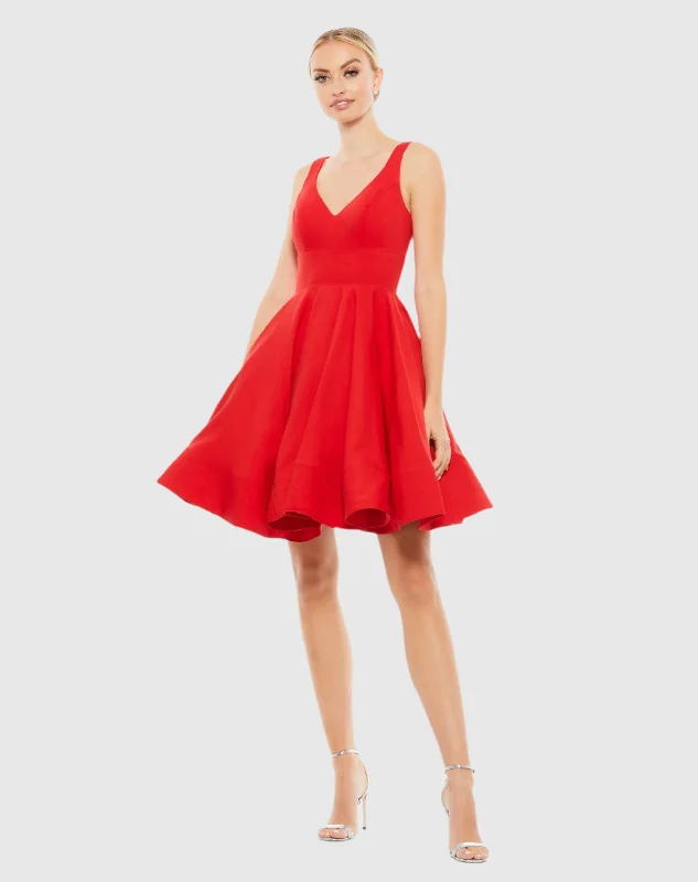 Red V Neck Fit & Flare Mini Dress