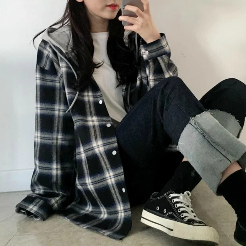 Women Plaid Hooded Shirt | Comfort Hooded Shirt | Long Plaid Shirts | Plaid Woven Hooded Shirt | Streetwear Shirt | Long Sleeve Shirt Coat