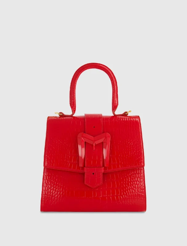 Buckled Medium Croco Cherry Leather Handbag with Detachable Strap