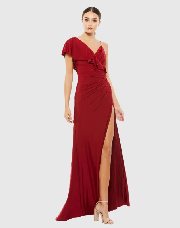 Asymmetric V-Neck Jersey Ruffled Cap Sleeve Gown - FINAL SALE