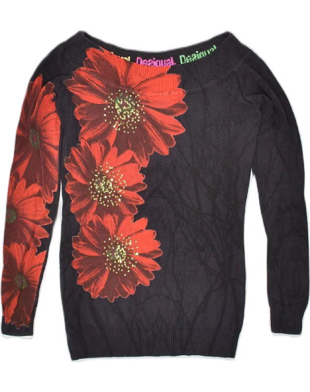 DESIGUAL Womens Graphic Boat Neck Jumper Sweater UK 10 Small Black Floral