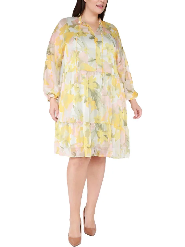 Plus Womens Chiffon Floral Shift Dress